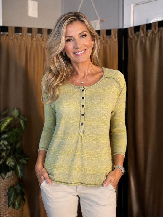 Tops - Light Green Striped Henley Knit Top - Women